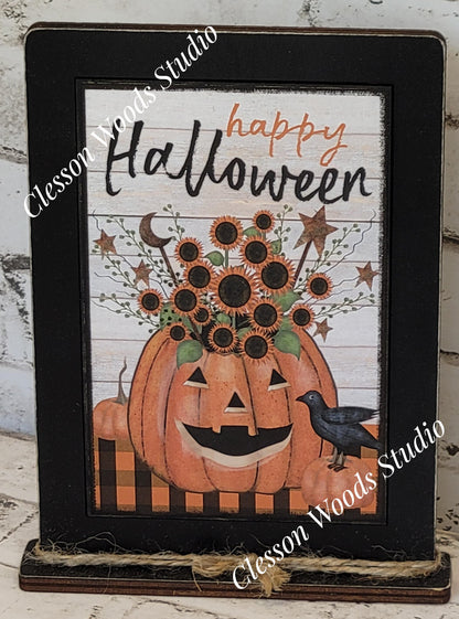 Happy Halloween Pumpkin Wood Framed Art with Attached Stand