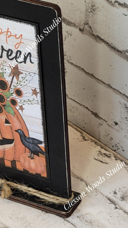 Happy Halloween Pumpkin Wood Framed Art with Attached Stand