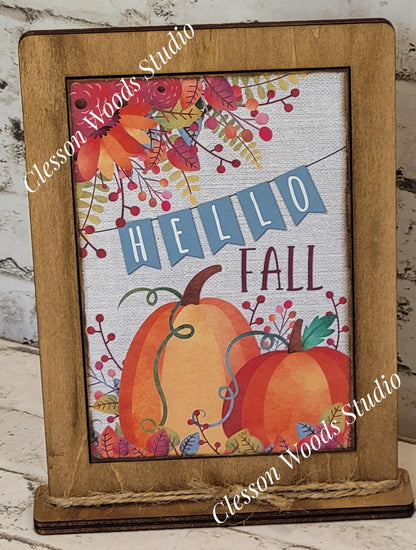 Hello Fall Bright Pumpkins Framed Art with Attached Stand