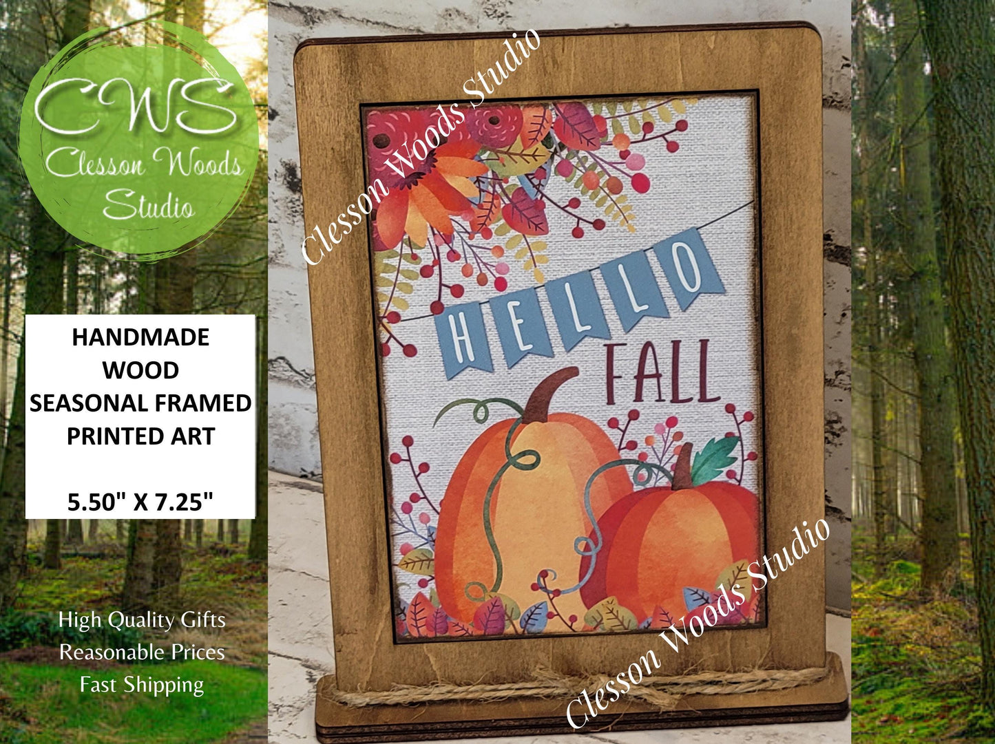 Hello Fall Bright Pumpkins Framed Art with Attached Stand