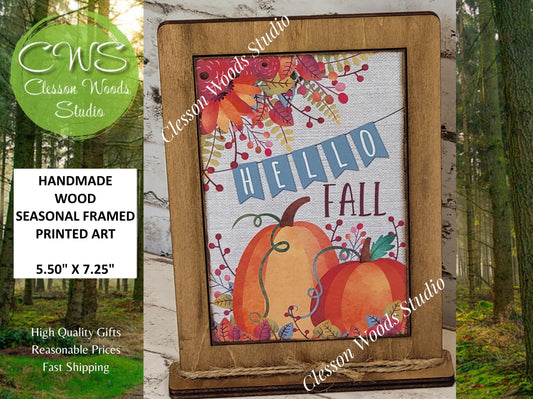 Hello Fall Bright Pumpkins Framed Art with Attached Stand