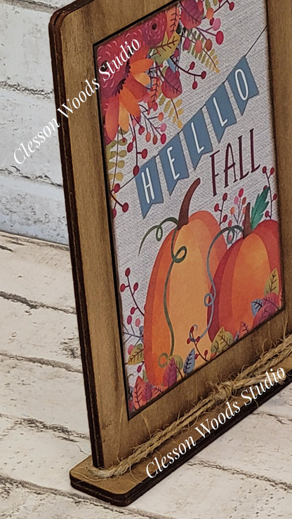 Hello Fall Bright Pumpkins Framed Art with Attached Stand
