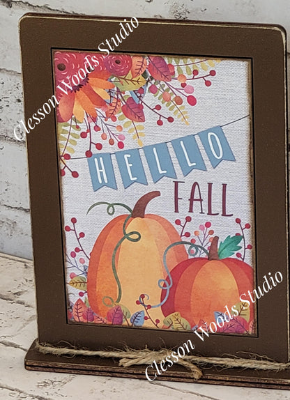 Hello Fall Bright Pumpkins Framed Art with Attached Stand