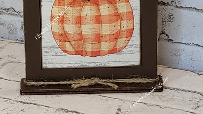 Hello Fall Plaid Pumpkin Framed Art with Attached Stand