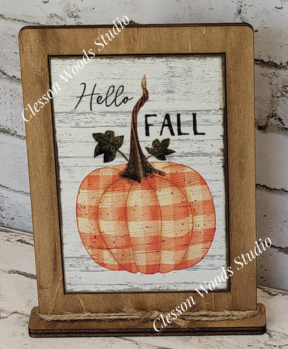 Hello Fall Plaid Pumpkin Framed Art with Attached Stand