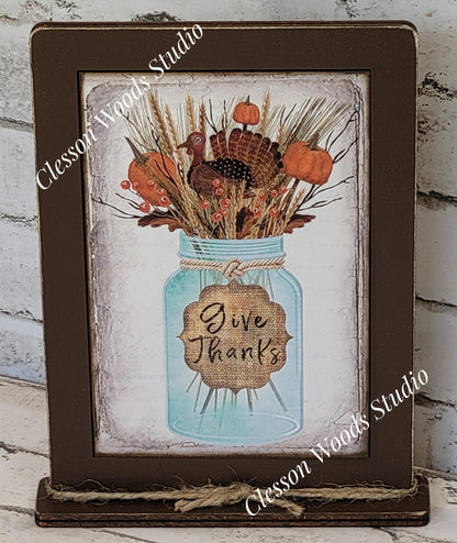 Give Thanks Turkey Mason Jar Framed Art with Attached Stand