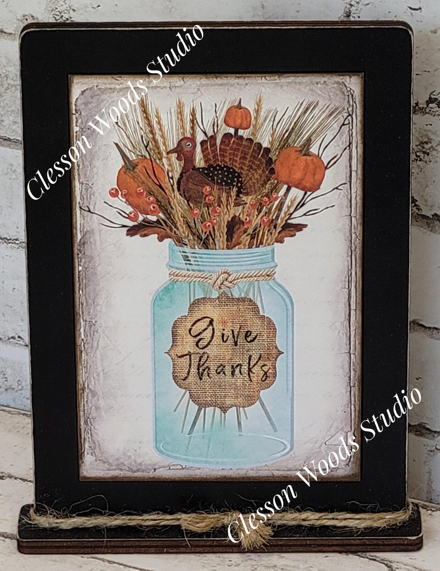Give Thanks Turkey Mason Jar Framed Art with Attached Stand