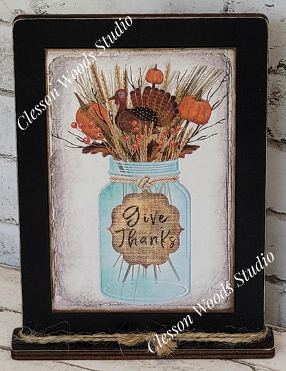 Give Thanks Turkey Mason Jar Framed Art with Attached Stand