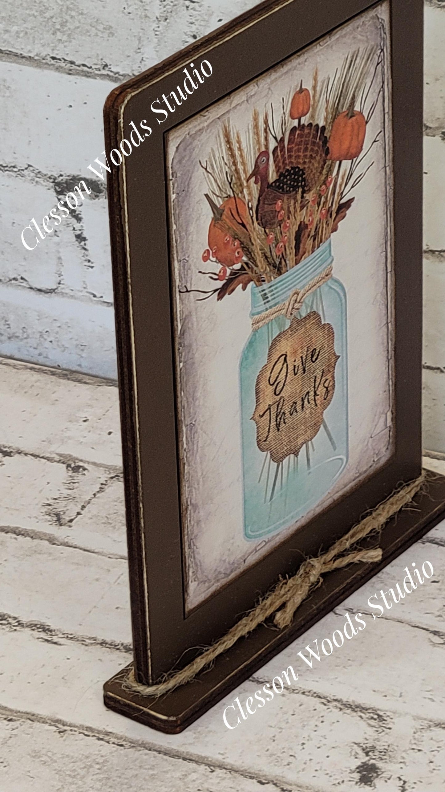 Give Thanks Turkey Mason Jar Framed Art with Attached Stand