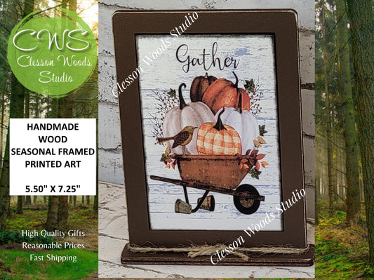 Gather Wheelbarrow of Pumpkins Framed Art with Attached Stand