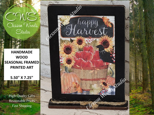 Happy Harvest Apples Sunflowers Crow and Pumpkins Framed Art with Attached Stand