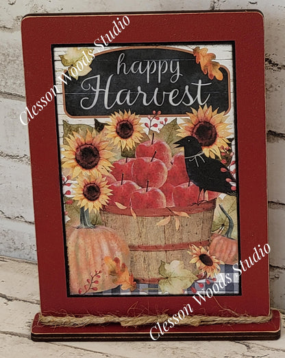 Happy Harvest Apples Sunflowers Crow and Pumpkins Framed Art with Attached Stand