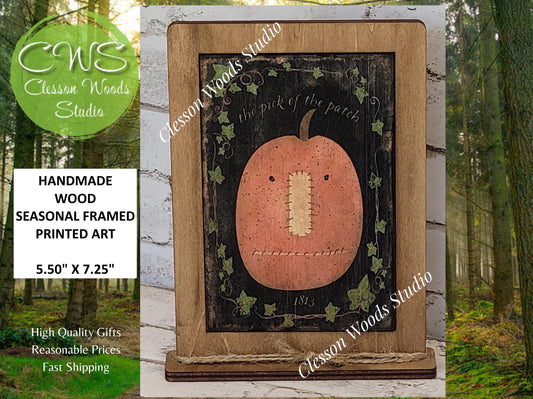 Fall The Pick of the Patch Primitive Pumpkin Framed Art with Attached Stand