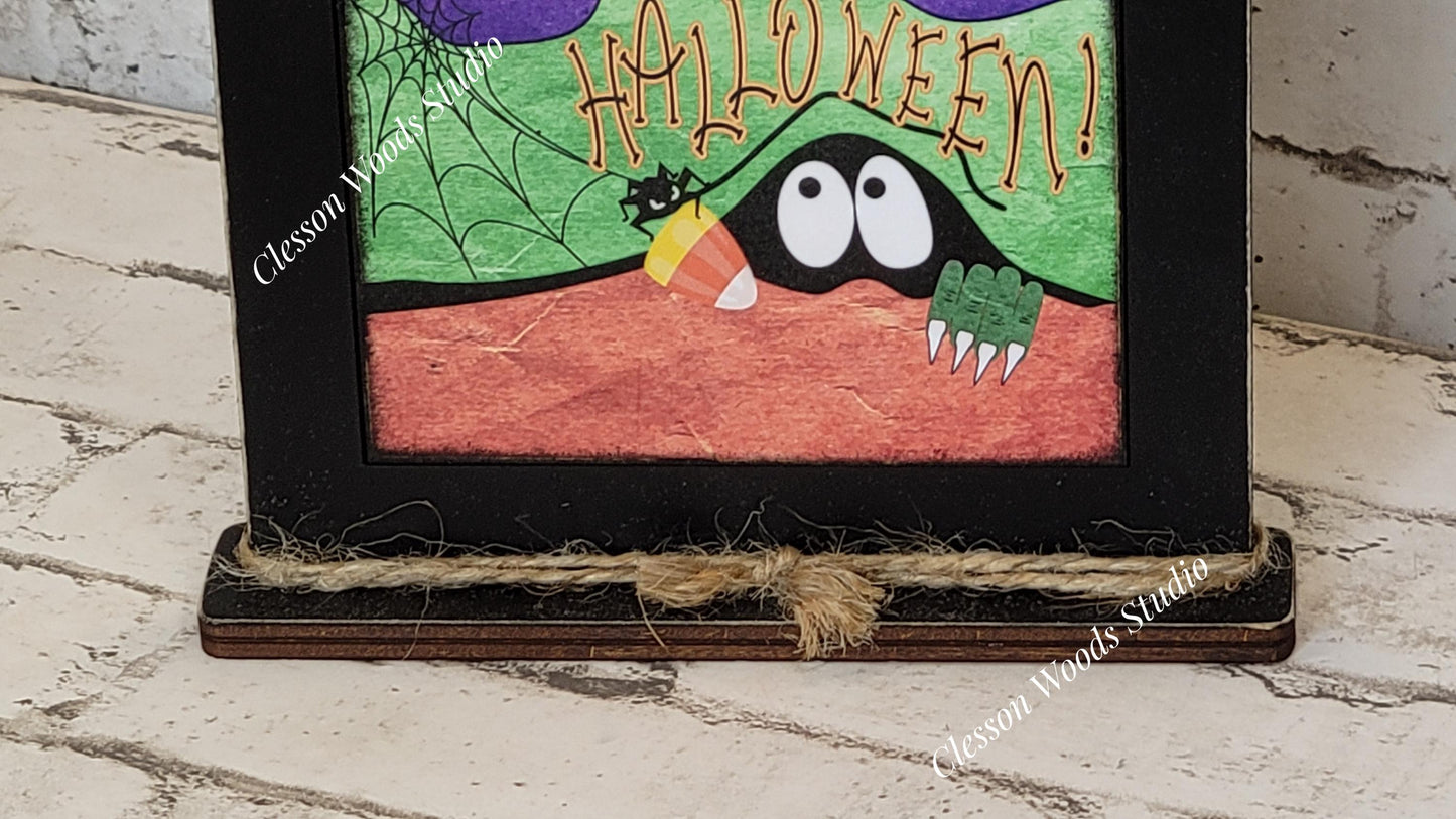 Happy Halloween Spooky Eyes Framed Art with Attached Stand
