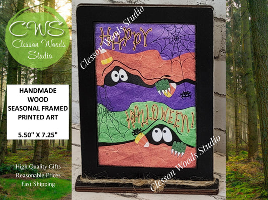 Happy Halloween Spooky Eyes Framed Art with Attached Stand