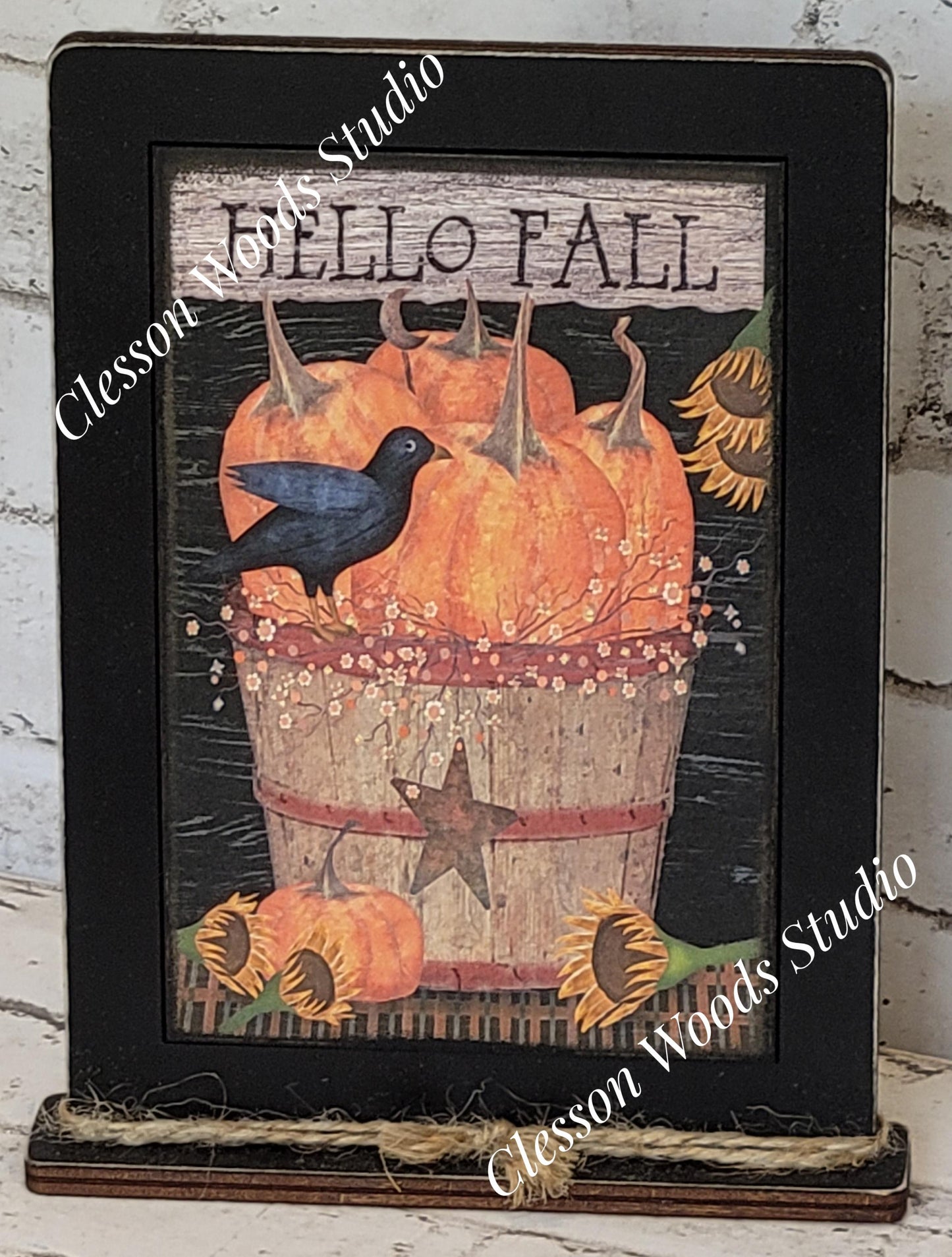 Hello Fall Bushel Basket Pumpkins Sunflowers Crow Framed Art with Attached Stand