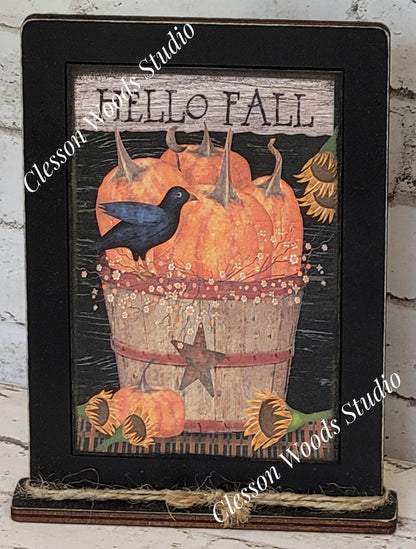 Hello Fall Bushel Basket Pumpkins Sunflowers Crow Framed Art with Attached Stand
