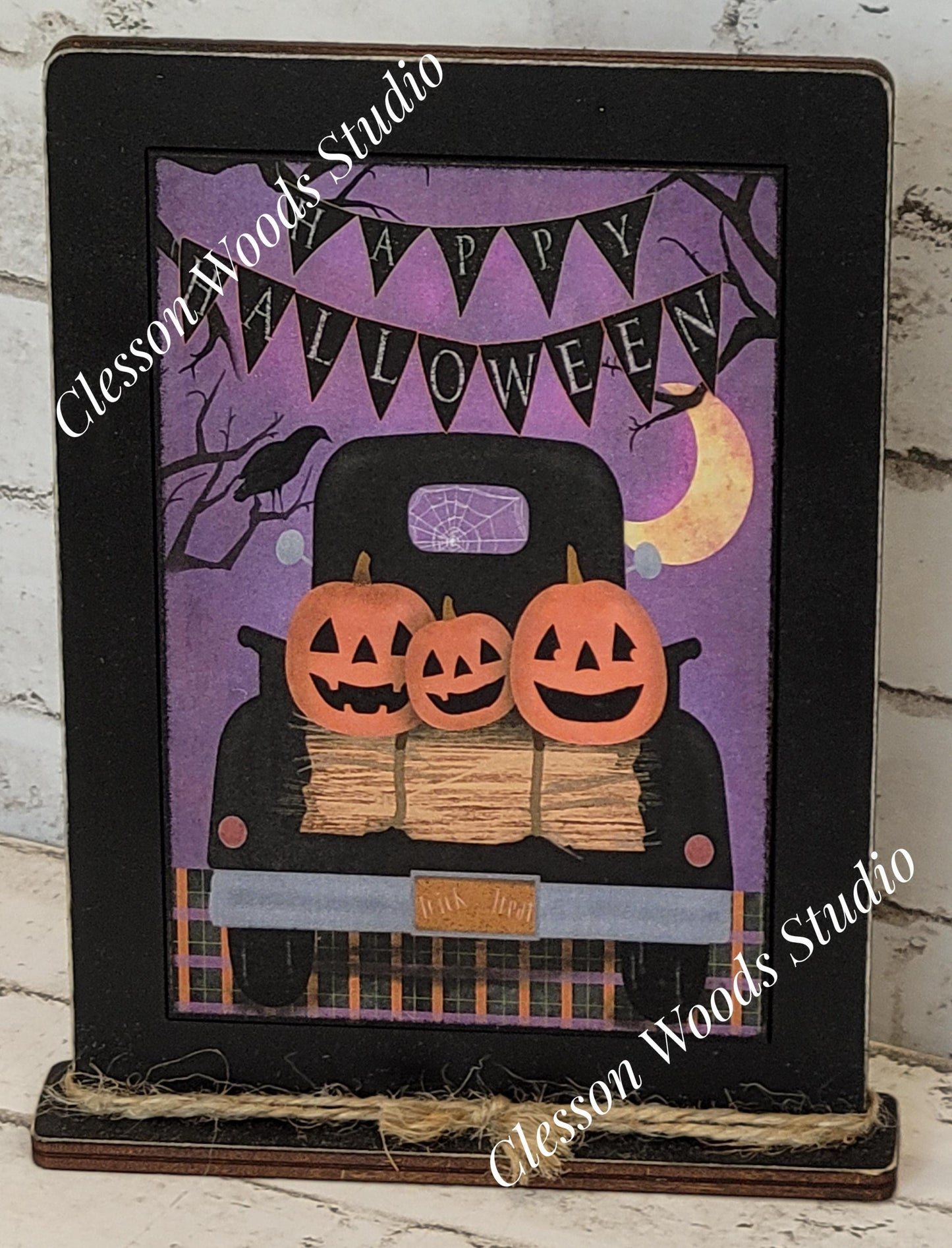 Happy Halloween Black Truck of Pumpkins Framed Art with Attached Stand