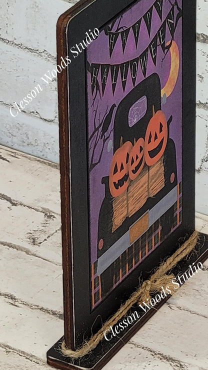 Happy Halloween Black Truck of Pumpkins Framed Art with Attached Stand