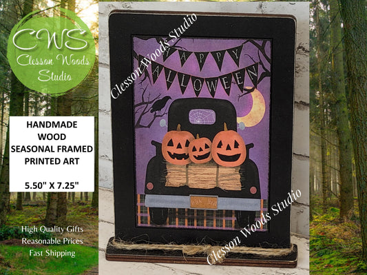 Happy Halloween Black Truck of Pumpkins Framed Art with Attached Stand