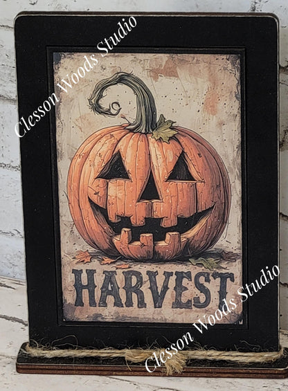 Harvest Primitive Pumpkin Framed Art with Attached Stand
