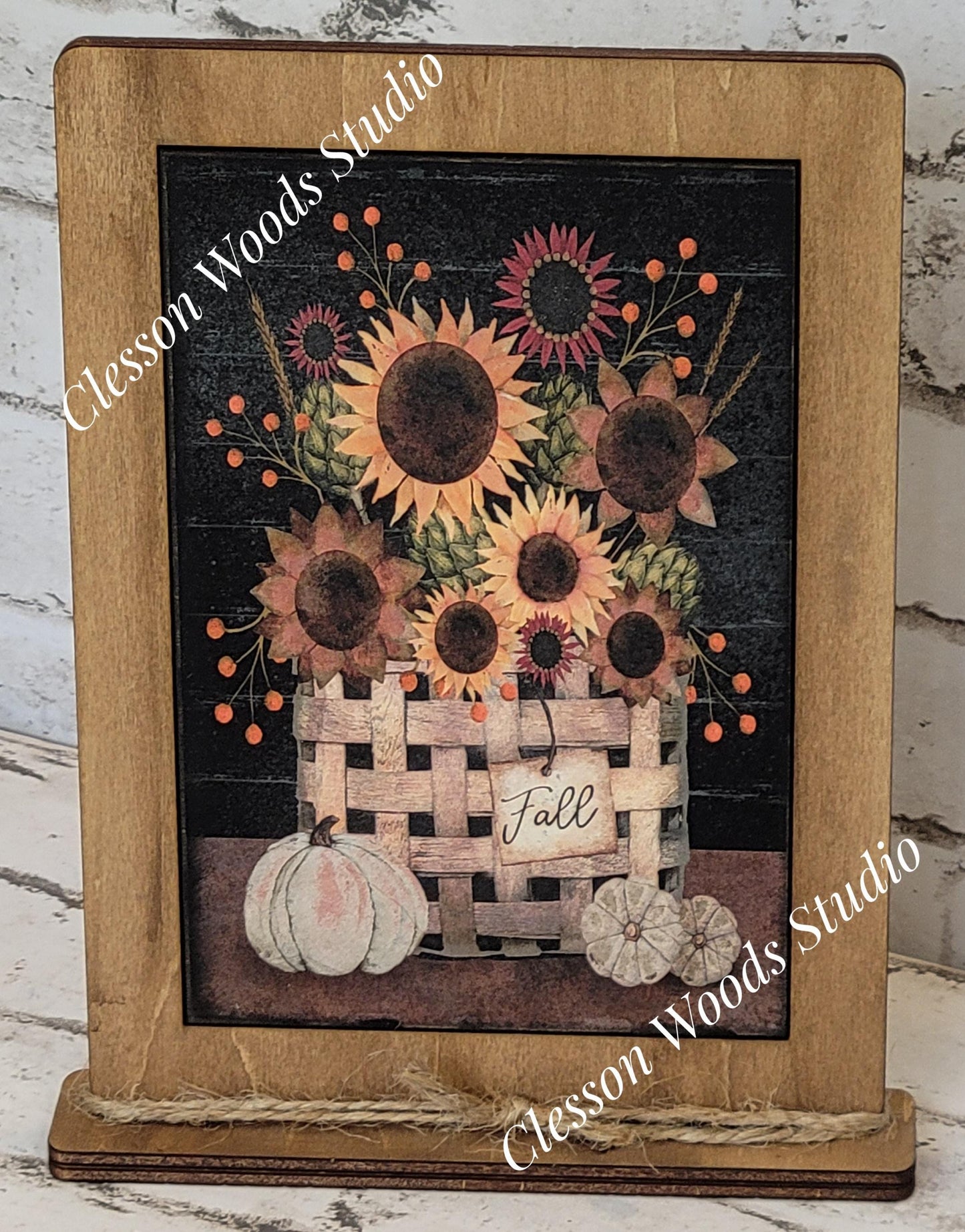 Primitive Fall Basket of Flowers Framed Art with Attached Stand