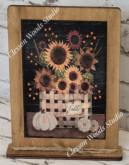 Primitive Fall Basket of Flowers Framed Art with Attached Stand