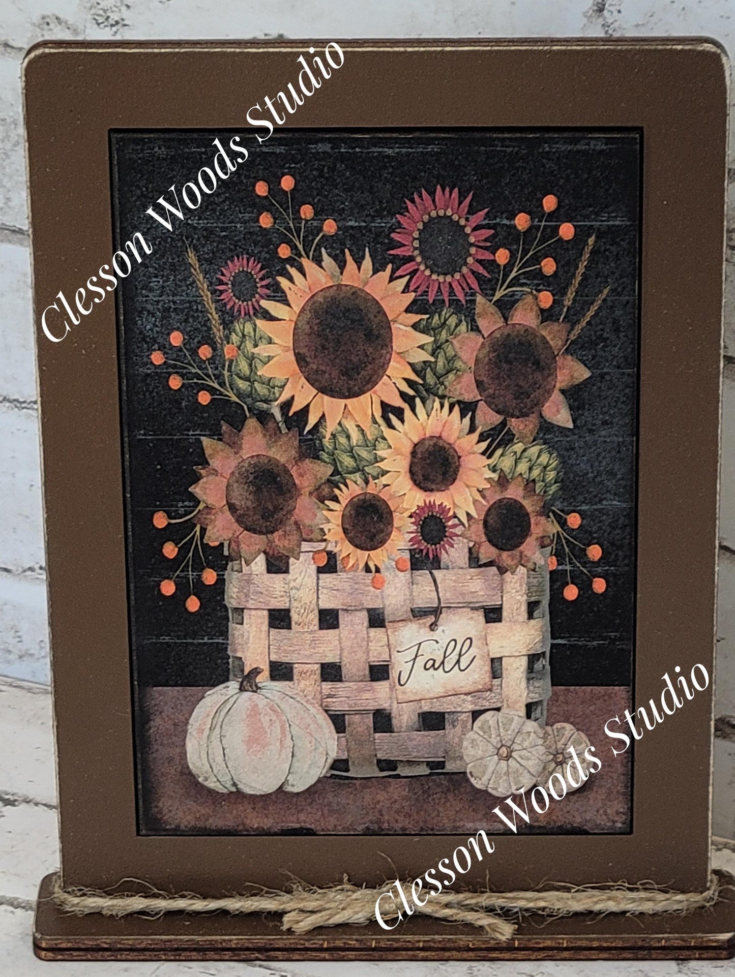 Primitive Fall Basket of Flowers Framed Art with Attached Stand