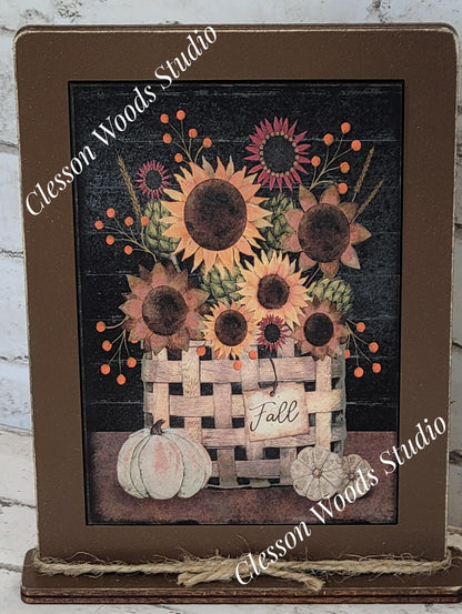 Primitive Fall Basket of Flowers Framed Art with Attached Stand