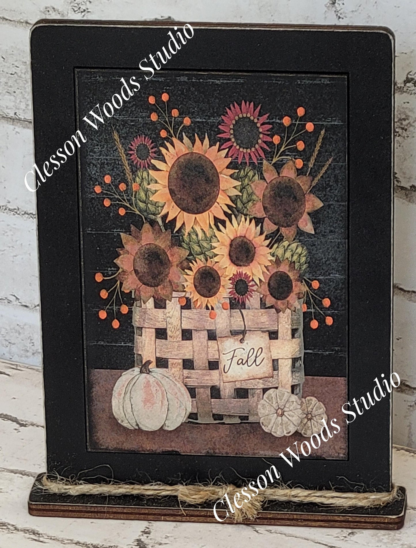 Primitive Fall Basket of Flowers Framed Art with Attached Stand