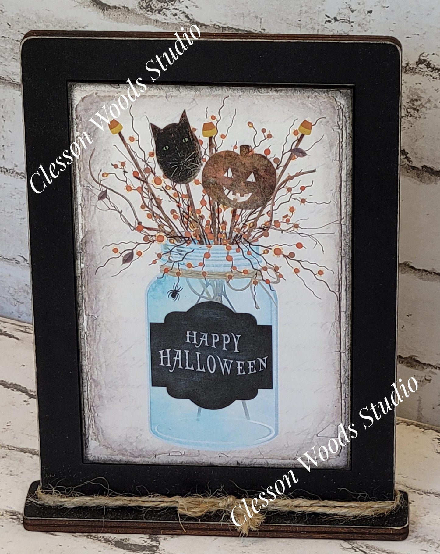Happy Halloween Mason Jar Framed Art with Attached Stand