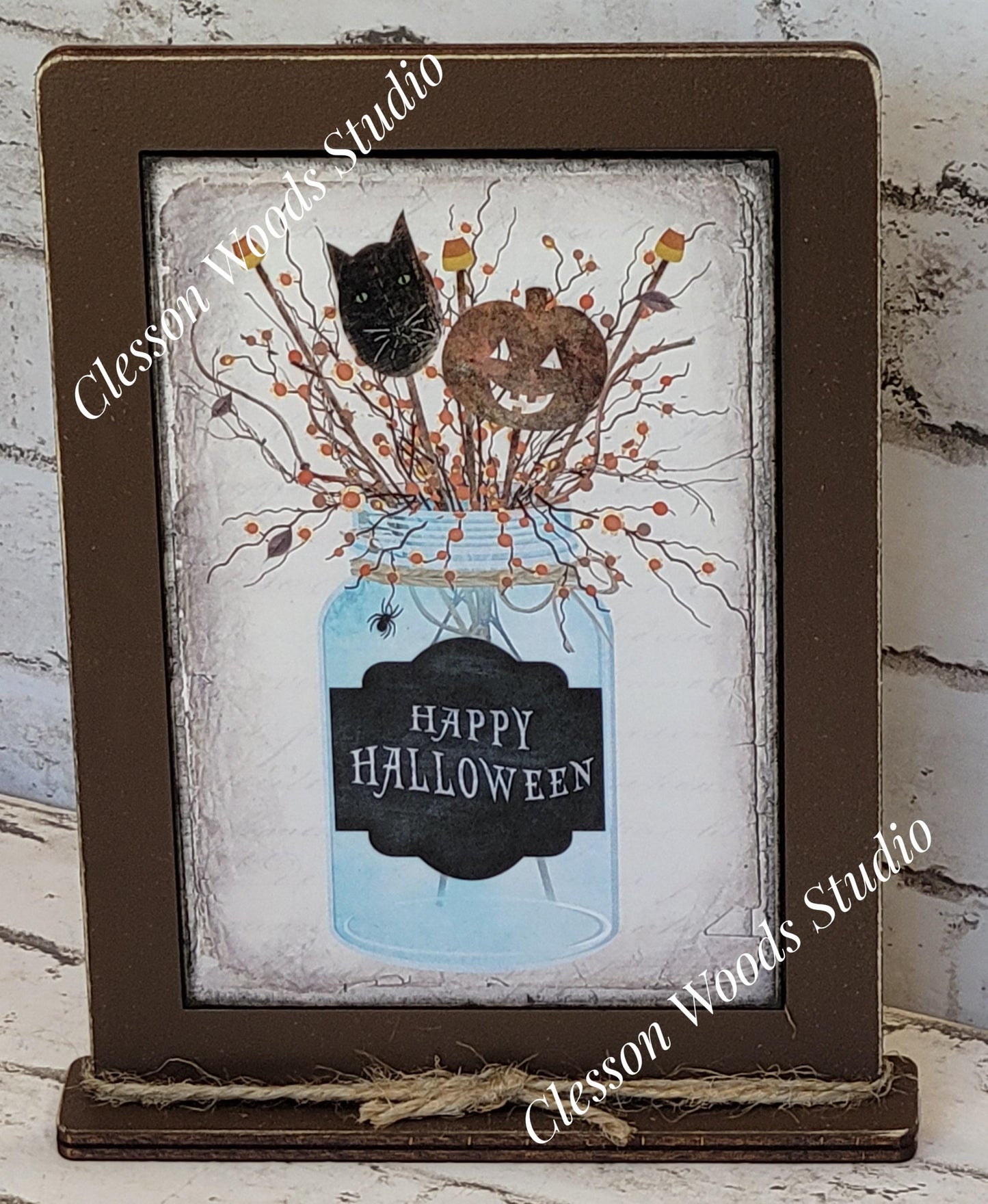 Happy Halloween Mason Jar Framed Art with Attached Stand