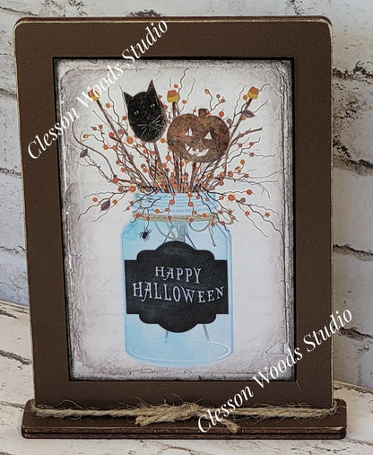 Happy Halloween Mason Jar Framed Art with Attached Stand