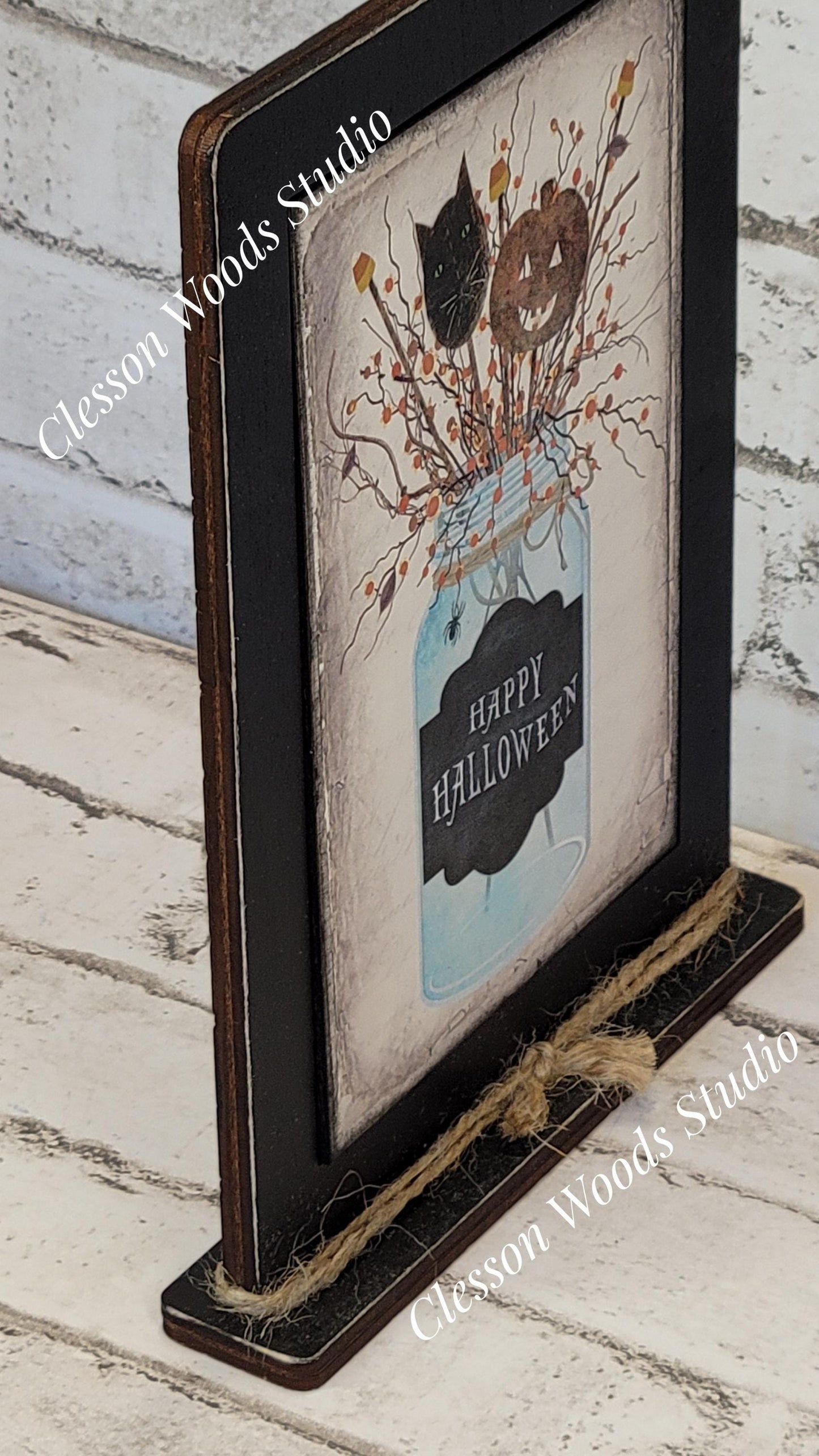 Happy Halloween Mason Jar Framed Art with Attached Stand