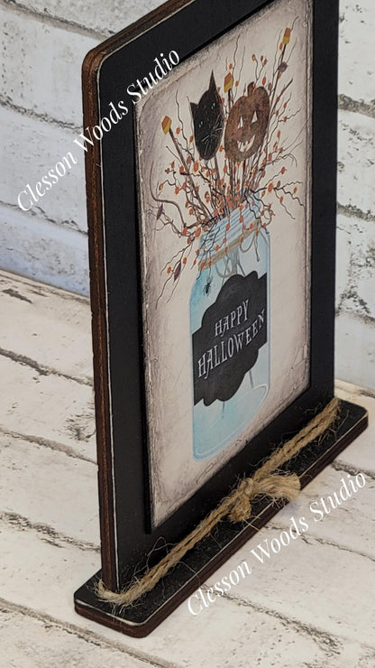 Happy Halloween Mason Jar Framed Art with Attached Stand