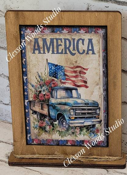 American Vintage Blue Truck Framed Art with Attached Stand