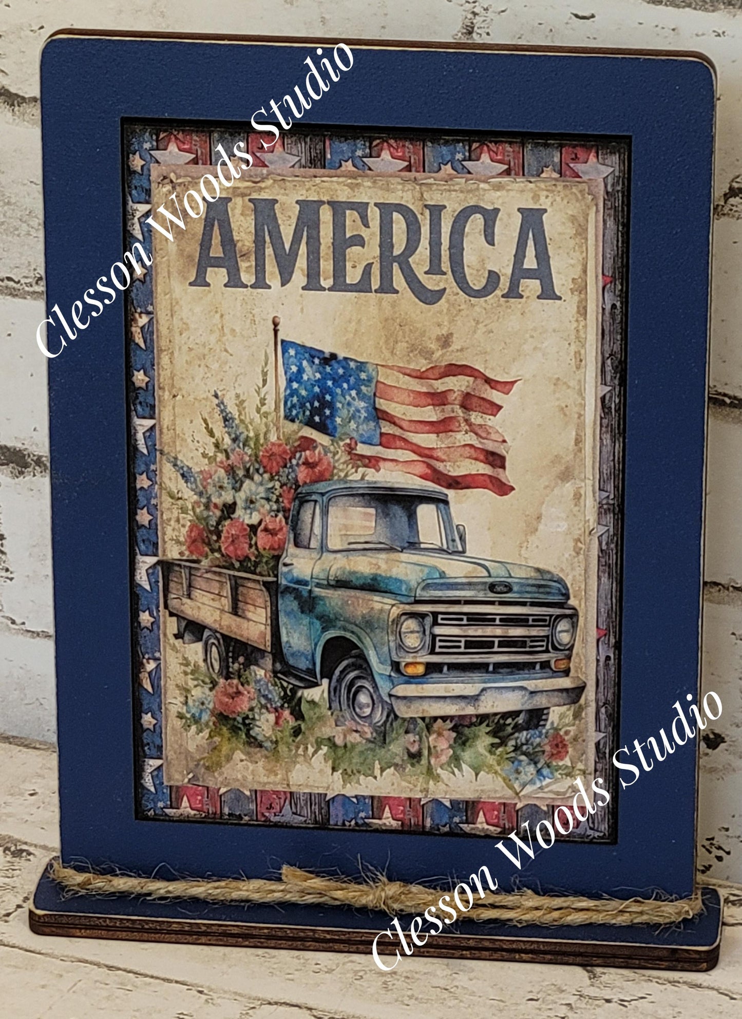 American Vintage Blue Truck Framed Art with Attached Stand