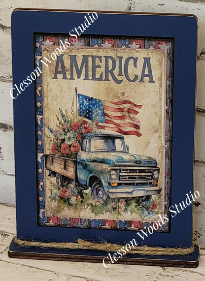 American Vintage Blue Truck Framed Art with Attached Stand
