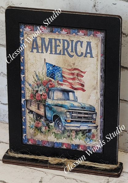 American Vintage Blue Truck Framed Art with Attached Stand