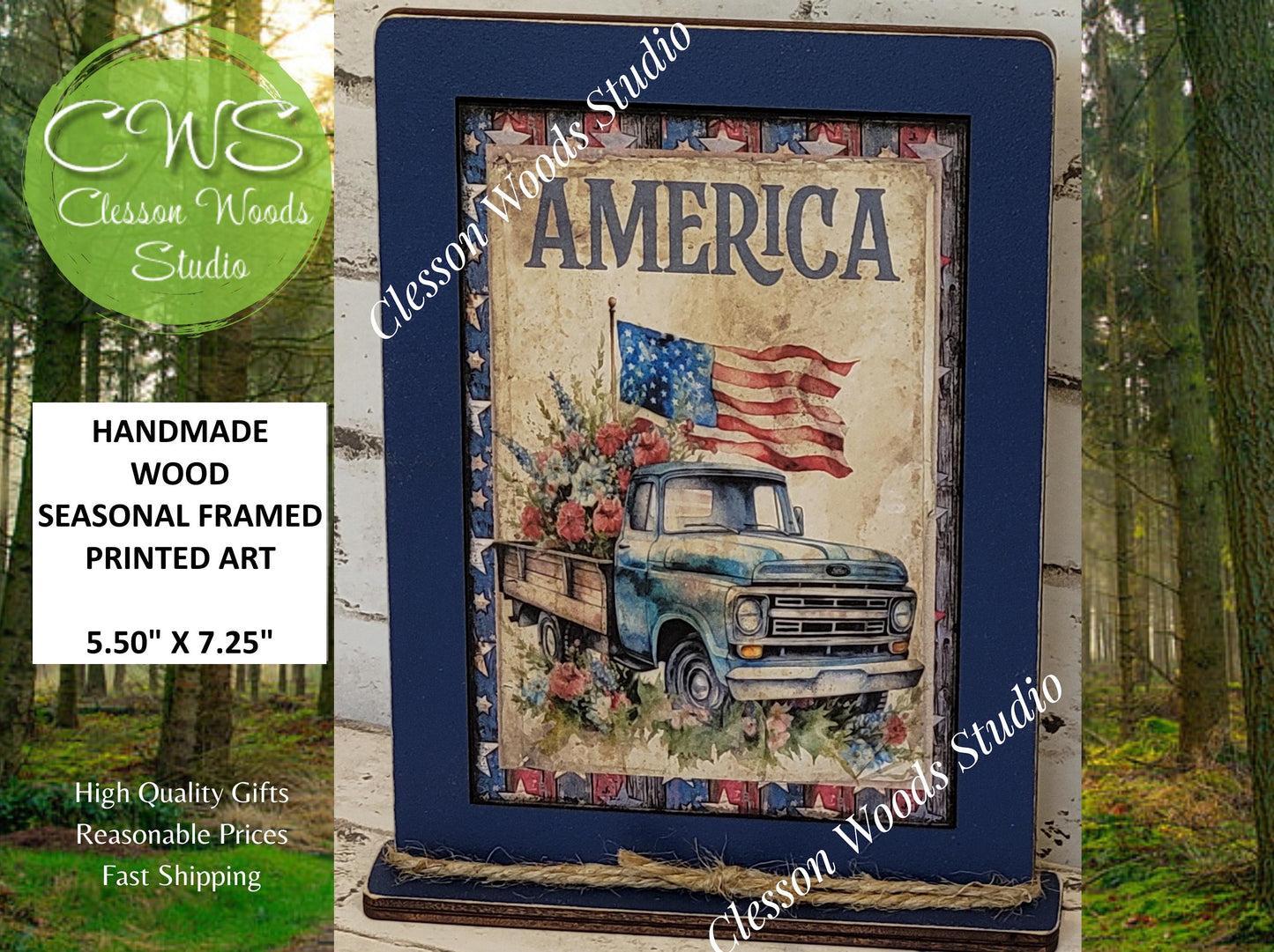 American Vintage Blue Truck Framed Art with Attached Stand