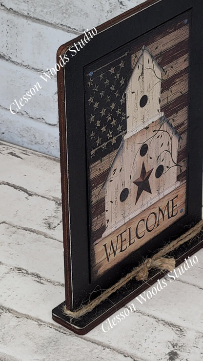 Welcome Patriotic Birdhouse Framed Art with Attached Stand