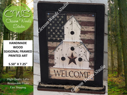 Welcome Patriotic Birdhouse Framed Art with Attached Stand