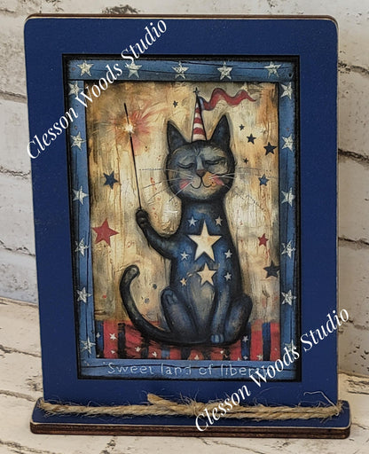 Primitive July Americana Cat Framed Art with Attached Stand