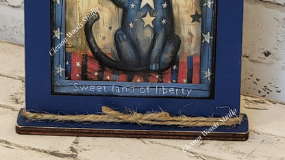 Primitive July Americana Cat Framed Art with Attached Stand