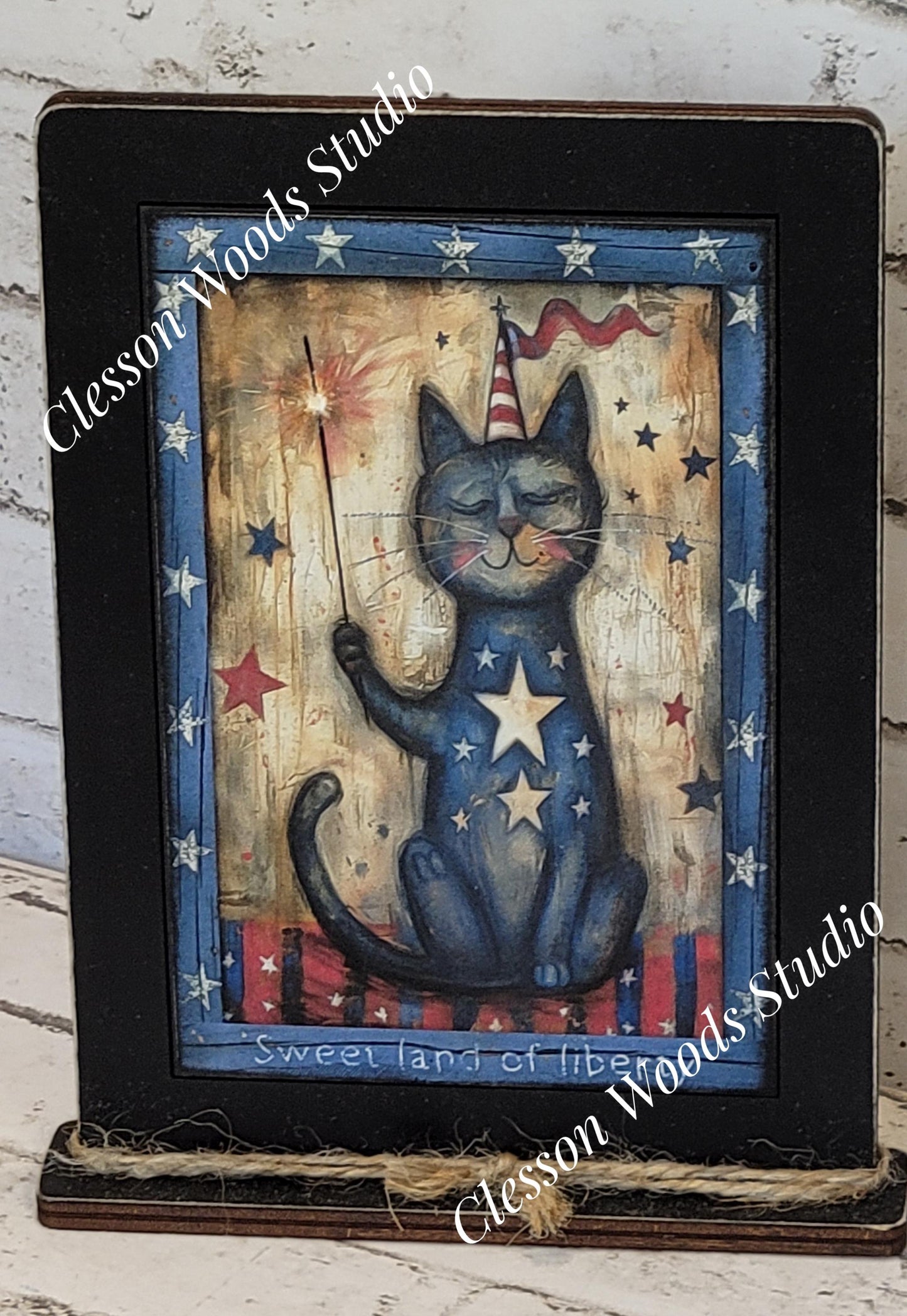 Primitive July Americana Cat Framed Art with Attached Stand