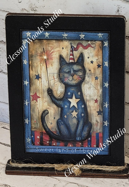 Primitive July Americana Cat Framed Art with Attached Stand