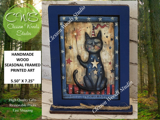 Primitive July Americana Cat Framed Art with Attached Stand