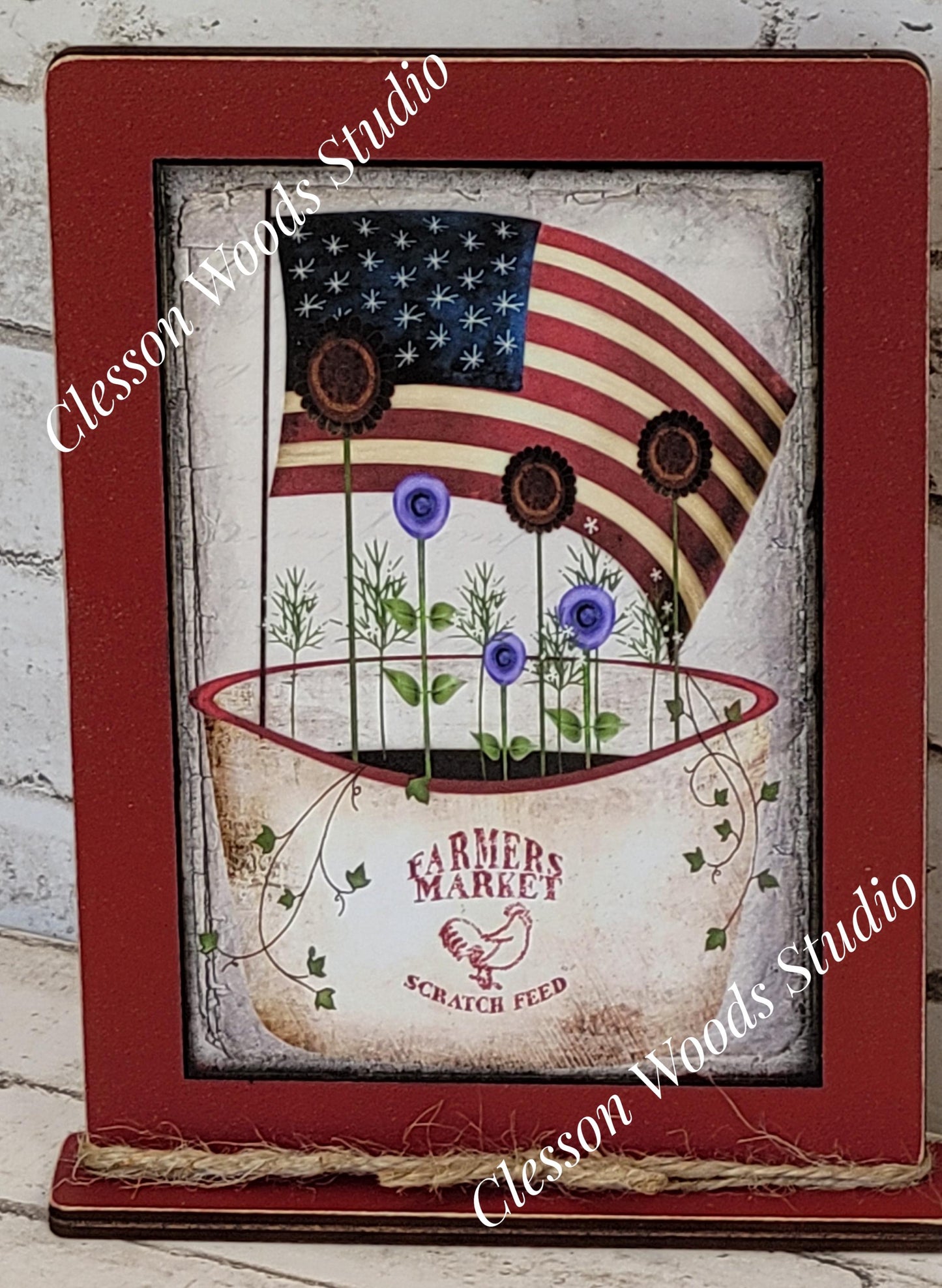 Primitive Pot of July Flowers and Flag Framed Art with Attached Stand