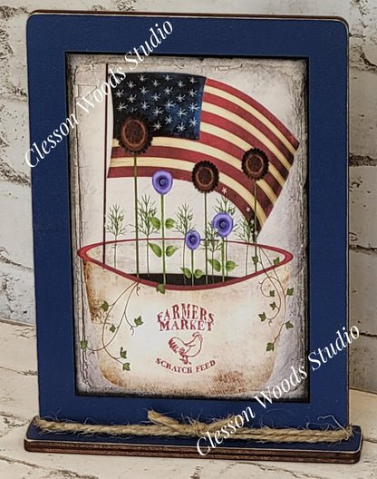 Primitive Pot of July Flowers and Flag Framed Art with Attached Stand