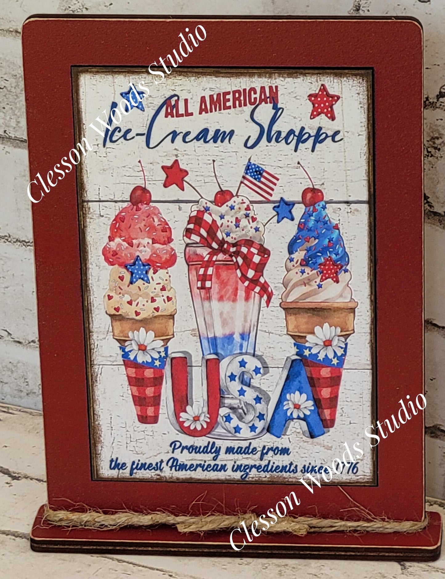 Summer All American Ice Cream Shop Framed Art with Attached Stand